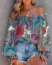 Women's Blouses Sexy Boho Off Shoulder Print Shirts & Spring Summer Women Ruffles Lace Up Shirt Casual Loose Womens Tops And