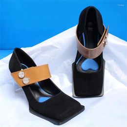 Sandals Square Toe Colorblock Female Pumps Rhinestone Buckle Mary Janes Transparent Heel Love Lining Temperament Women Shoes