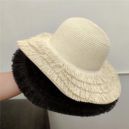 Wide Brim Hats Fashion Straw Hat Tassels Women Sun Protection Beach Cap Casual Ladies Flat Top Panama