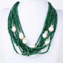 Chains DAN NECKLACE 18inch 10 Strands Faceted Green Stone White Keshi Pearl