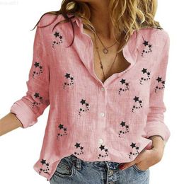 Women's Blouses Shirts Stars Print Cotton Linen Shirt Women Blouse Office Lapel Long Sleeve Button Up Blouses Oversized White Yellow Tops Blusas Mujer L230712