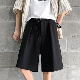 Men's Shorts Summer Korean Style Black White Men Matching Belt Knee-length Sashes Solid Short Pants Casual Straight Bermuda