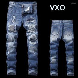 Men's Jeans Embroidered Retro Ripped Slim Skinny Distressed Vintage Denim Pants Casual High Waist Men