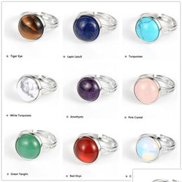 Solitaire Ring 10Mm 12Mm Natural Gem Stone Tiger Eye Howlite Finger Round Crystal Onyx Copper Open Resizable Party Rings Dro Dhrjn