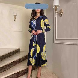 Casual Dresses Pleated Print Dress 2023 Summer Sleeve Breasted Yellow Skirt Female Plus Size Long Middle East
