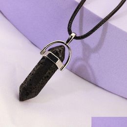 Pendant Necklaces Hexagonal Prism Natural Black Lava Stone Necklace Aromatherapy Essential Oil Per Diffuser Pu Chain Women Men Drop Dhet3