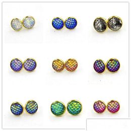 Stud Fashion Gold Colour Handmade 12Mm Druzy Drusy Resin Mermaid Fish Scale Pattern Women Earrings Drop Delivery Jewellery Dhsug