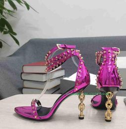 Pink Sandals Rivet Lady Metal Design Gold Heel Shaped Heels High Hollow Pumps Color Buckle Shoes Footwear 1f0a s