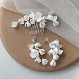 Pullovers Slbridal Handmade Crystal Rhinestone Ceramic Flower Wedding Headband Hair Comb Earring Set Bridal Hair Accessories Women Jewellery