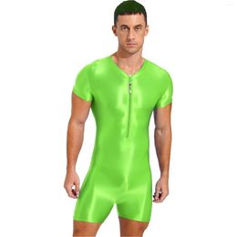 Men's Swimwear Mens Glossy Zipper Bodysuit One-Piece Swimsuit Short Sleeve Stretchy Jumpsuit Workout Bodybuilding Fitness Sportswear