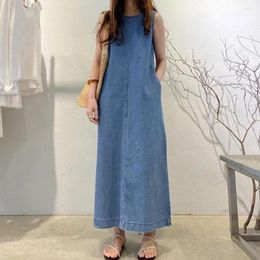 Casual Dresses Women Summer Maxi Dress Sleeveless O Neck Loose Solid Colour Vest Type Ankle Length Pockets Soft H-shaped Lady Dating Dres