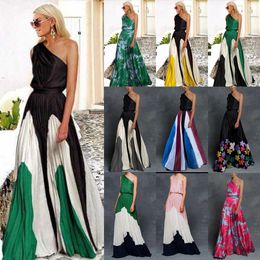 Fashion Women Two Piece Pants Sexy Colour ContrastSplice Off-the-shoulder Printed Dress Slim-fit Maxi Skirt Plus Size S-3XL