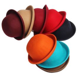 Wide Brim Hats Bucket Adult Children Flat top Fedora Hat Pure Color Imitation Wool Jazz Ladies Elegant Round Bowler 230712