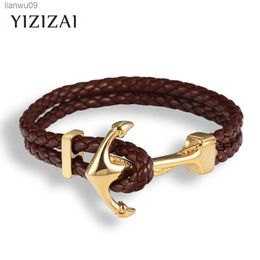 YIZIZAI New Arrival Hope Anchor Leather Bracelet Men Stainless Steel Charm Bracelets Wristband Fashion Jewellery Navy Style L230704