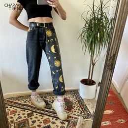 Dress High Waist Loose Jeans for Women Sun Moon Star Pattern Casual Straight Denim Pants Streetwear Washed Boyfriend Jeans