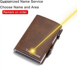 BISI GORO Custom Name Holder Leather Wallet Men RFID Blocking Aluminium Box Smart Slim Wallet ID Card Holder New 2023 L230704