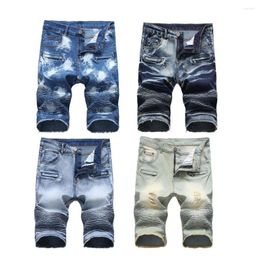 Men's Jeans Denim Casual Sports Shorts Motorcycle Zipper Wrinkle Stretch Mid-length Pants Quarter