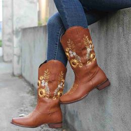 Boots Sun Flowers Sewn Flower Denim Winter Women's Shoes 2023 Embroidered Vintage Roman Western Women's Shoes L230712