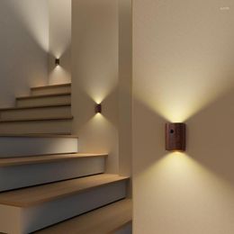 Wall Lamp Linkage Wooden Motion Sensor Night Lights USB Reable Wireless LED Induction Bedroom Kitchen Corridor Stair Light