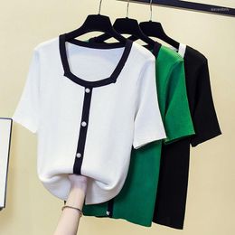 Women's T Shirts Summer Ice Silk Knitted Oversized Shirt Women Thin Square Neck Short Sleeve Pullover Sweater Tops Tees Korean Fashion