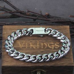 Never Fade Stainless Steel Vikings Bracelets For Men Blank Colour Punk Curb Cuban Link Chain Bracelets with gift wooden box L230704