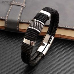 Fashion 2layer Leather Bracelets with Stainless Steel Magnet Trendy Multilayer Bracelet Homme Jewellery Male Bangle Wholesale Bulk L230704