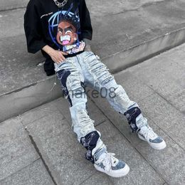 Men's Pants Fashion Streetwear Mens Washed Knife Cut Damaged Patch Ripped Jeans Stitching Men's and Women's Straight Loose Wide Leg Pant J230712
