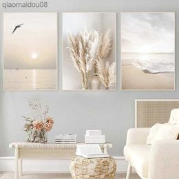 AT14 3Pcs Beige Grass Sunset Beach Palm Tree Canvas Painting Nordic Posters And Prints Wall Pictures For Living Room Decor L230704