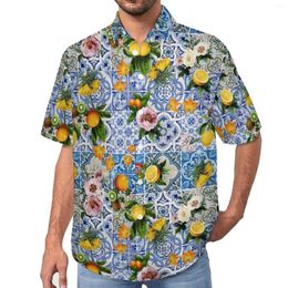 Men's Casual Shirts Yellow Lemon Vacation Shirt Tiles With Flowers Hawaii Man Trending Blouses Short Sleeve Printed Clothes Plus Size