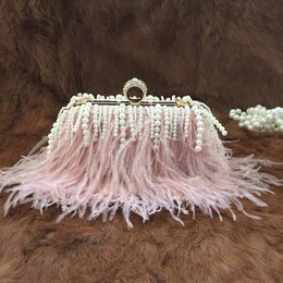 Evening Bags Luxury Real Ostrich Feathers Handbag Pearl Tassel Womens Pouch Purse Pink Green Diamond Clutch Party Messenger Bag 230711