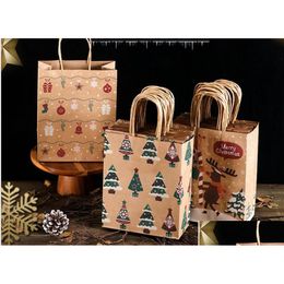 Gift Wrap Kraft Small Brown Bags W/ Handles Shop Packaging Baby Shower Christmas - Snowflake Bell Pattern Drop Delivery Home Garden Dhnvq