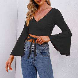 Women's Blouses Long Flare Sleeve Blouse Sexy V Neck Crop Top Lace Up Tie T Shirt Solid Colour Explosion Waist Tops Ladies Tee Tunic