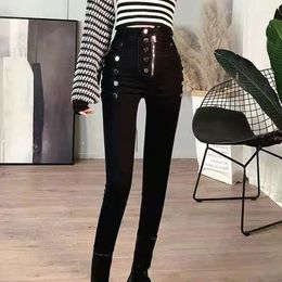 Women's Pants 2023 Spring Autumn Fashion Jeans Women Double Breasted Decoration High Waist Black Elastic Slim Casual Pencil