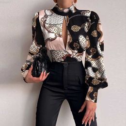 Women's Blouses Shirts Chic Vintage Pattern Printing Women Blouses Spring High Neck Hollow Out Top Shirts Summer Office Ladies Backless Bandage Blouses L230712