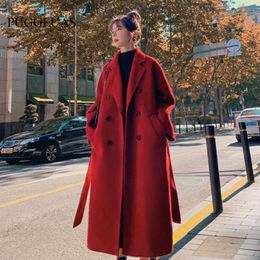 Women's Wool Blends Winter Trench Coat For Women Elegant Fashion Korean Casual Thick Wool Coat Red Lace-up Long Jacket Black Woman Coat With Blet HKD230712