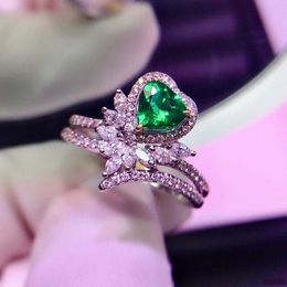 Women fashion Jewellery Wedding ring Emerald green crystal zircon diamond love heart shape white gold ring party birthday gift adjustable