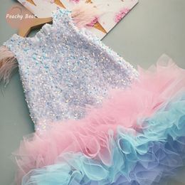 Girl's Dresses Baby Girl Princess Feather Sequin Dress Infant Toddler Child Teens Rainbow Vestido Party Pageant Birthday Baby Clothes 1-14Y 230712