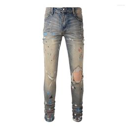 Men's Jeans Street Fashion Men Retro Elastic Slim Fit Ripped Destroyed Hole Trousers Painted Designer Brand Hip Hop Pants