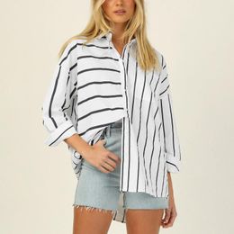 Women's Blouses Women Striped Printing T-shirts V Neck Oversized Long Sleeve Shirt Tops Pockets Lapel Collar Button Down Ladies Shirts