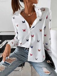 Women's Blouses Shirts Casual Butterfly Print Shirt Blouse Women Spring Summer Fashion Slim Long Sleeve Shirts For Women 2023 Elegant Ladies Button Top L230712