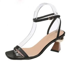 Grain Strange Wood High Heels Summer New Women Shoes Open Toe Round Buckle Strap Pumps Brief Sexy Square Back Strap Gladiator