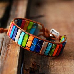 Chakra Bracelet Jewellery Handmade Multi Colour Natural Stone Tube Beads Leather Wrap Bracelet Couples Bracelets Gifts L230704