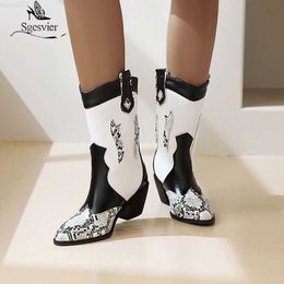 Boots Sgesvier Womens Boots Retro Mid Calf Boots Snake Mix Colours Booties Women High Heel Cowboy Boots Fashion Casual Shoes L230712