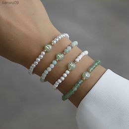 2023 New Trendy Green AZ Initial Letter Bracelet Women Simple Handmade Beaded Charm Bracelet For Women Jewelry Gift L230704