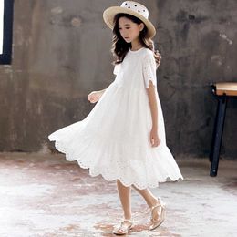 Girl's Dresses 2023 Summer Hollow Out Teen Girls Dress With Lining 100% Cotton Embroidery Baby Princess Midi Dress Children Party Clothes WhiteHKD230712