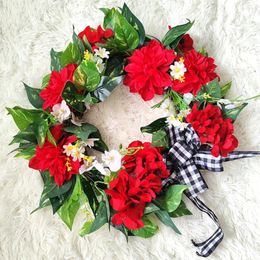 Decorative Flowers Artificial Red Geranium Wreath Spring Summer Fake Flower Bowknot For Door Decoration Home Decor Farmhouse Cottage