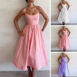 Casual Dresses Summer Women Maxi Dress Extra Soft Breathable Sleeveless A-line Solid Colour Sling Party Beach For Female