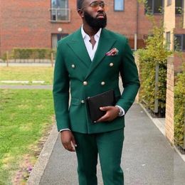 Men's Suits Double Breasted African For Men Slim Fit Dark Green Groom Tuxedo Wedding Custom 2 Piece Fashion Clothes (Jacket Pants)