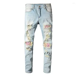 Men's Jeans Patchwork Bandanna Paisley Printed Biker Light Blue Holes Ripped Skinny Stretch Denim Pants Trousers