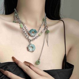 Pendant Necklaces Chinese Style Simulated Jade Safety Buckle Pendant Necklace New Arrival Creative Circle Lucky Choker Unique Jewelry for Women HKD230712